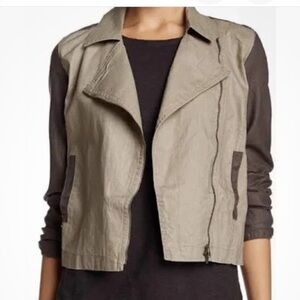 Eileen Fisher M Gray ColorBlock Utility Moto Linen Jacket Asymmetric Zip Closure